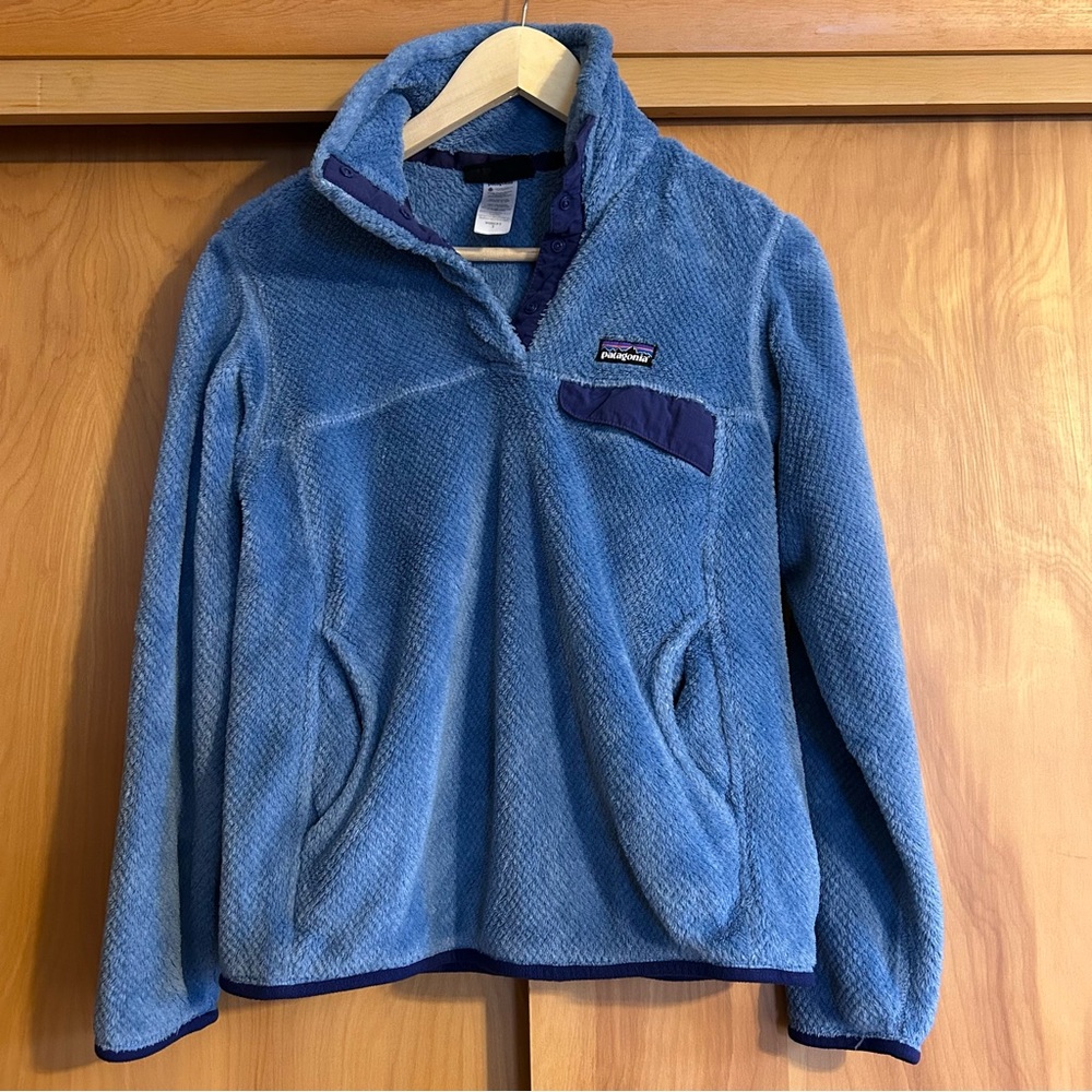 Patagonia Light Blue Fleece Pullover with Navy Chest Accent